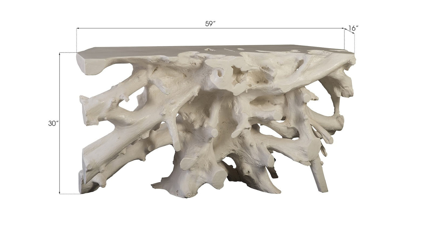 Tavolino portaoggetti con base a forma di radice, colore bianco con finitura gelata.
