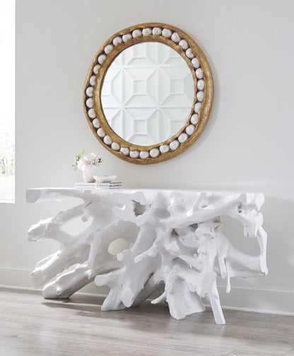 Tavolino portaoggetti con base a forma di radice, colore bianco con finitura gelata.