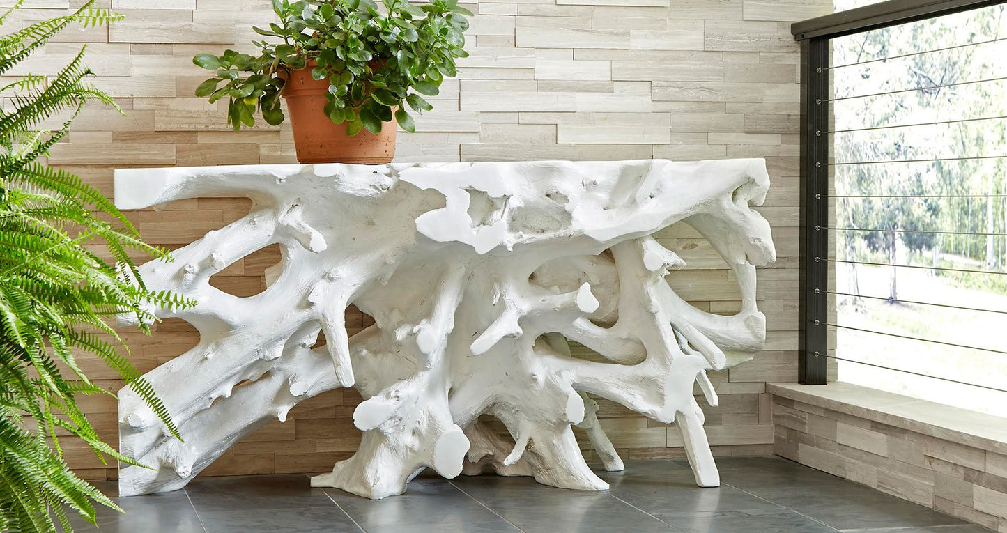 Tavolino portaoggetti con base a forma di radice, colore bianco con finitura gelata.