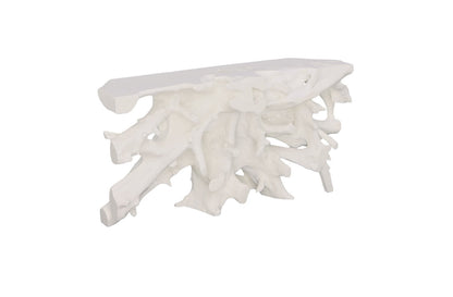 Tavolino portaoggetti con base a forma di radice, colore bianco con finitura gelata.