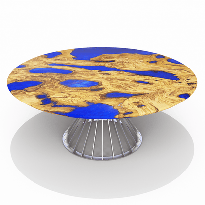 Amiata Olive Wood Pearl Blue Round Dining Table