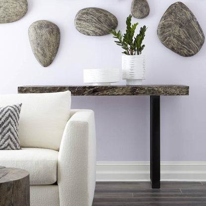 Chamcha Wood Console Table Metal U Legs, Gray Stone Finish