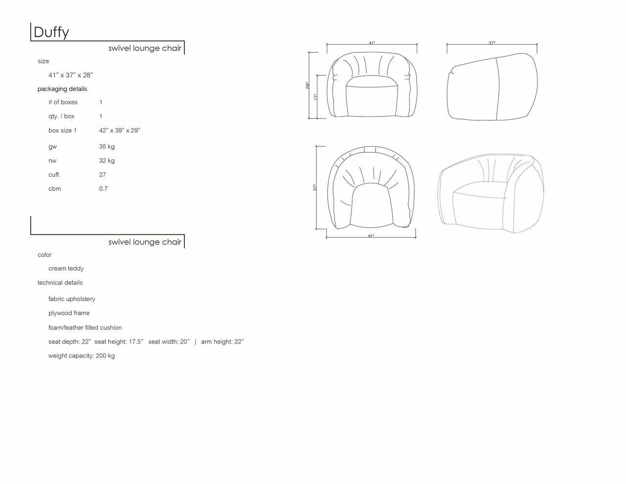 DUFFY SWIVEL OCCASIONAL CHAIR CREAM TEDDY