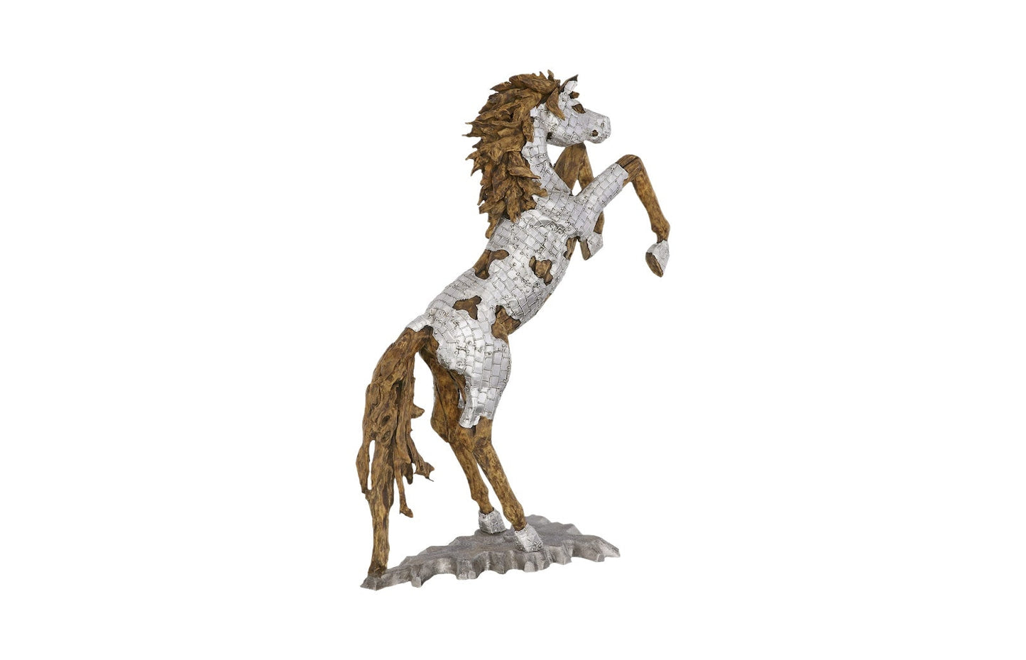 Mustang Horse Armored Sculpture Rearing, Wood Base