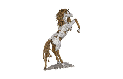 Mustang Horse Armored Sculpture Rearing, Wood Base