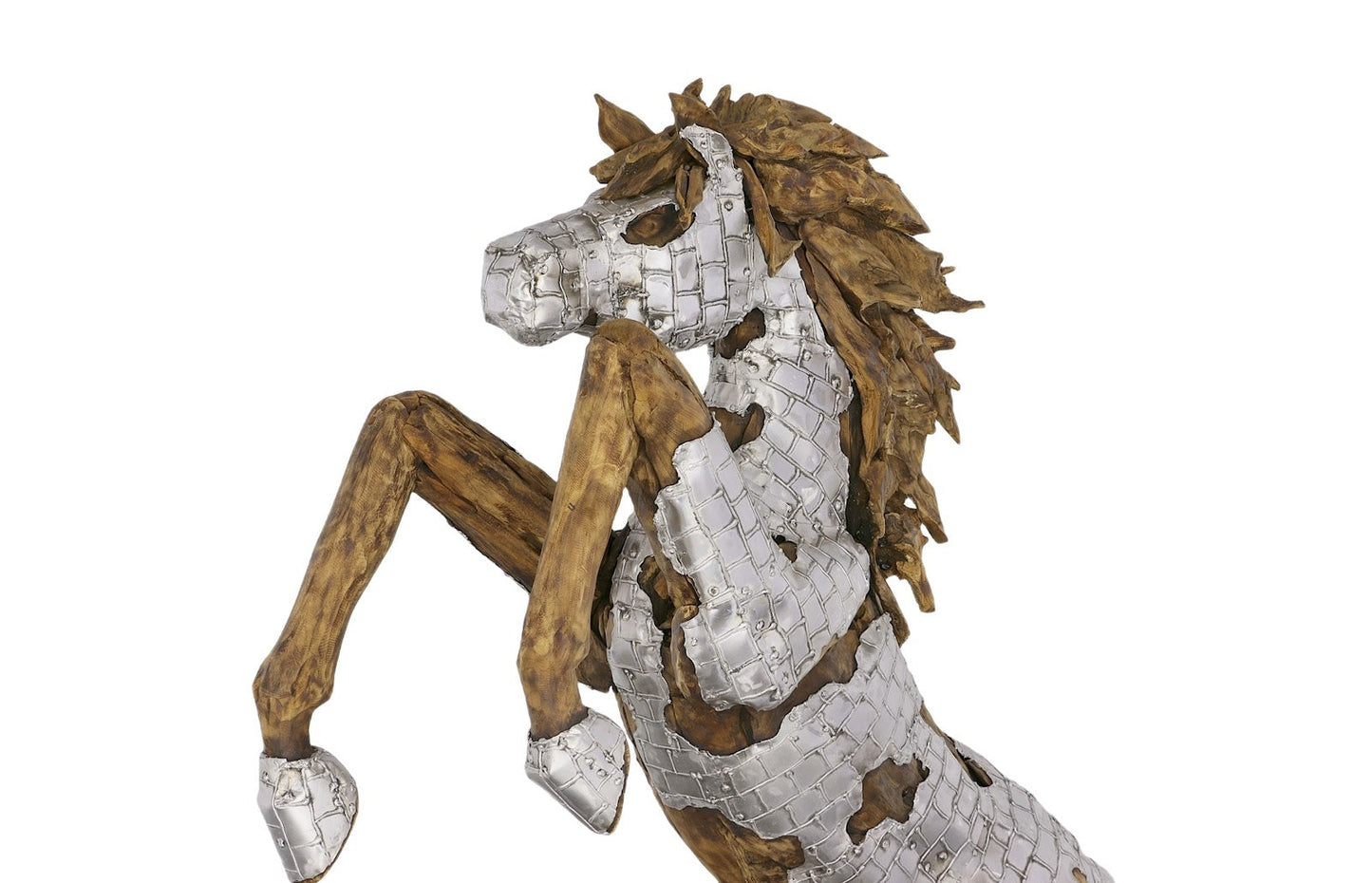 Mustang Horse Armored Sculpture Rearing, Wood Base