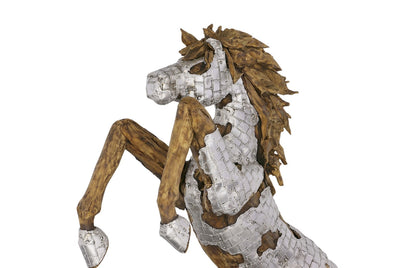 Mustang Horse Armored Sculpture Rearing, Wood Base