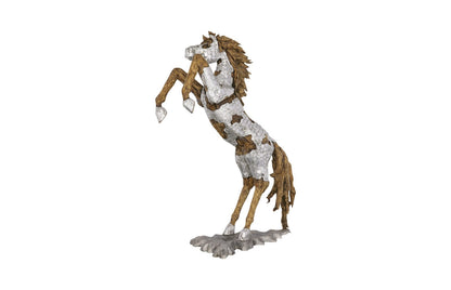 Mustang Horse Armored Sculpture Rearing, Wood Base