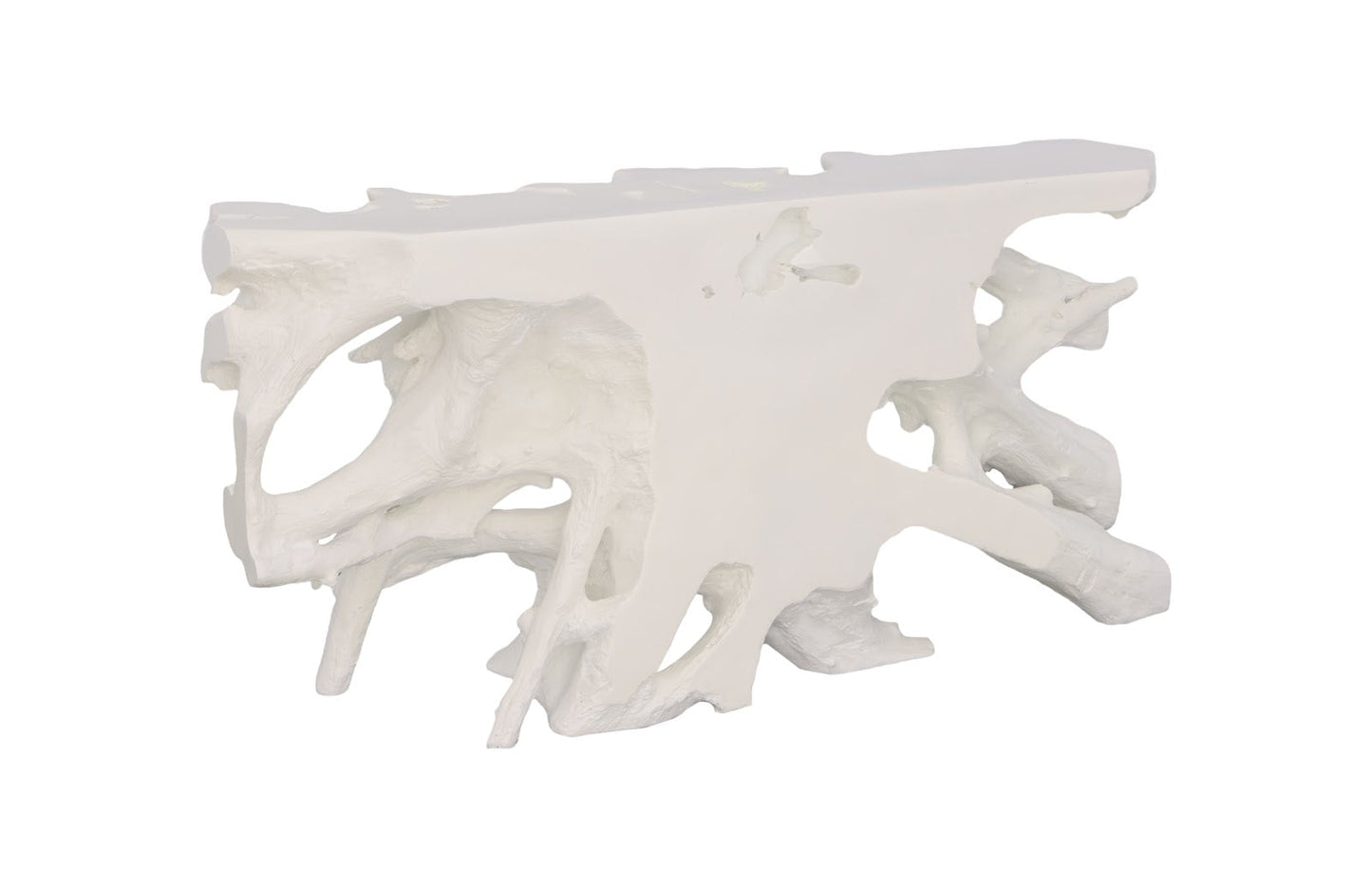 Tavolino portaoggetti con base a forma di radice, colore bianco con finitura gelata.