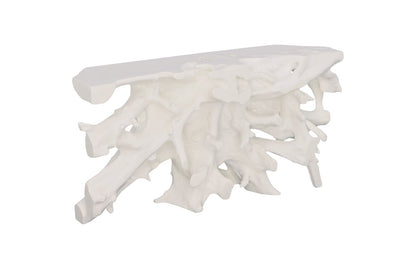 Tavolino portaoggetti con base a forma di radice, colore bianco con finitura gelata.